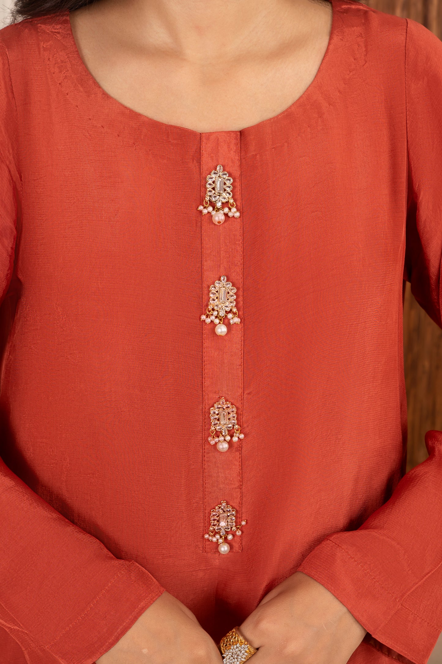 Rust Kundan Farshi Shalwar Set 3Pc