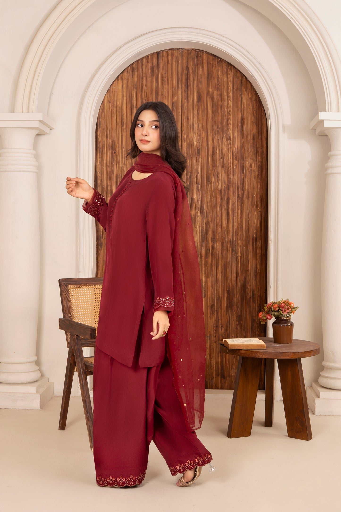 Maroon Mukesh Sequin Farshi Shalwar Set