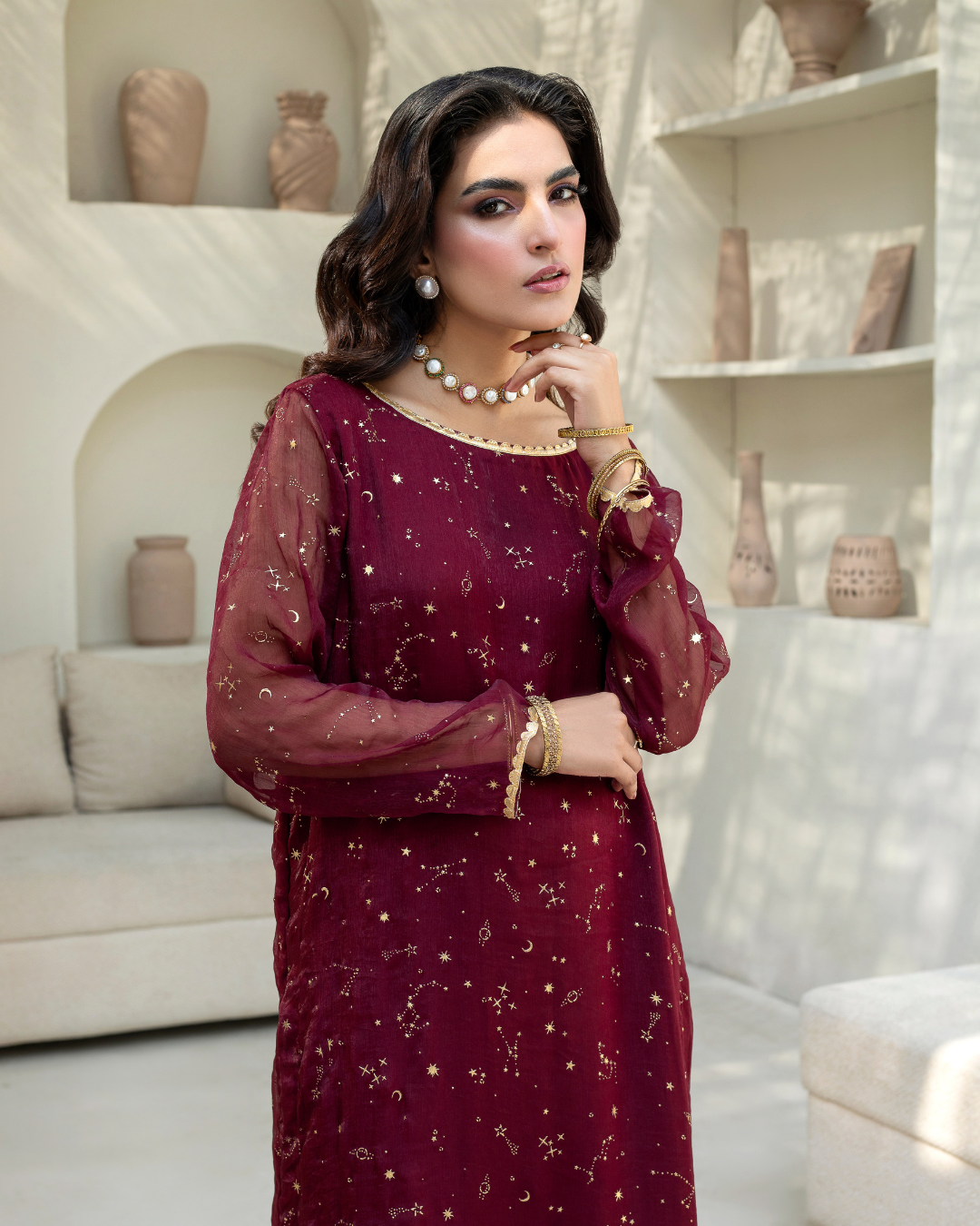 Maroon chiffon suit with Chand Sitara embossed print and medium silk dupatta