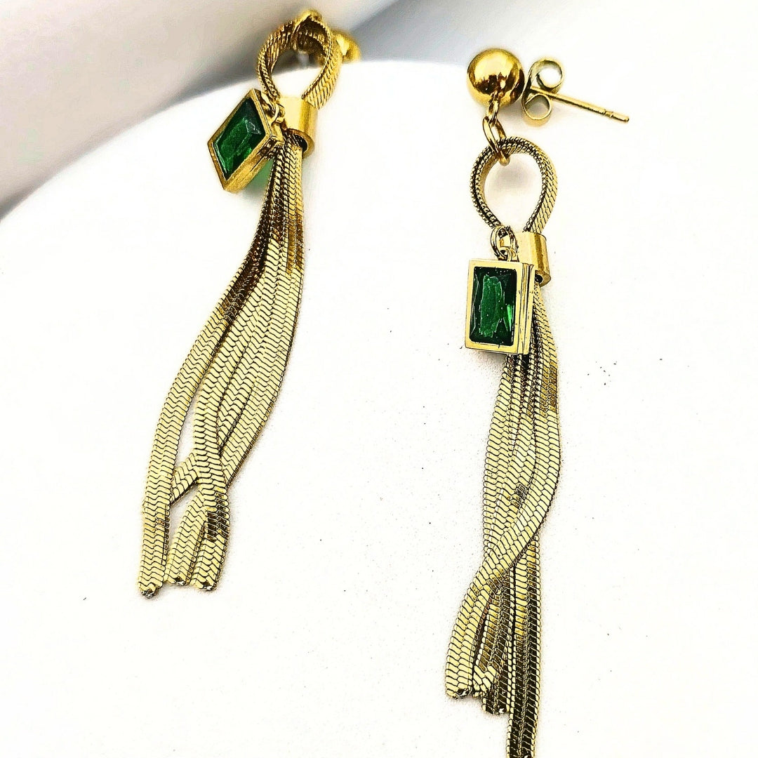 Mid length earrings made of stainless steel with dangling green crystal. Earrings are made of 316L Stainless Steel and are waterproof. 