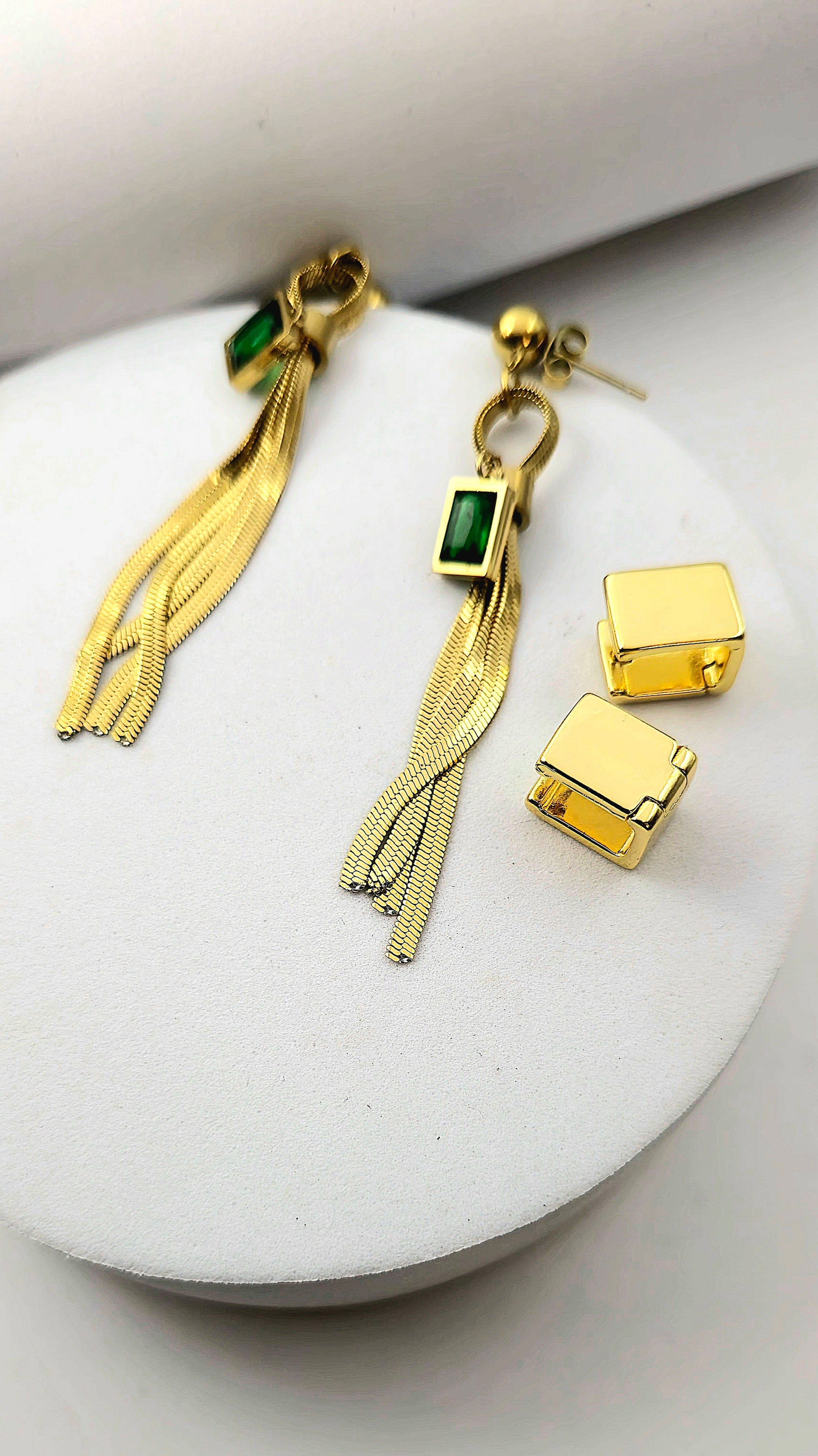 Emerald Crystal dangling earrings made of 316L Stainless Steel. Waterproof and 18K gold plated 