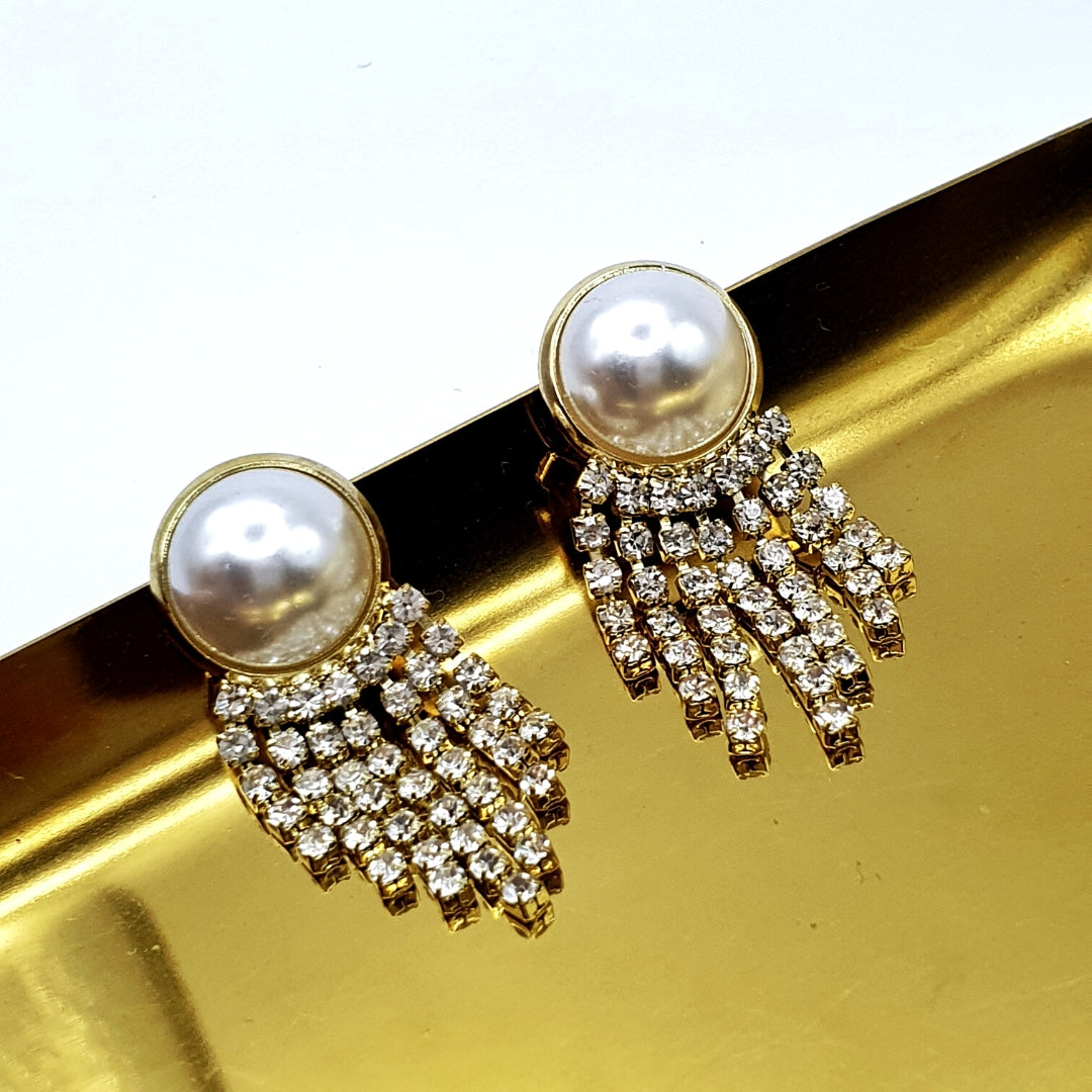 Pearl Rhinestone Chain Earrings