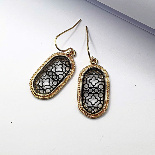 Oval Metallic Black Filigree Earrings