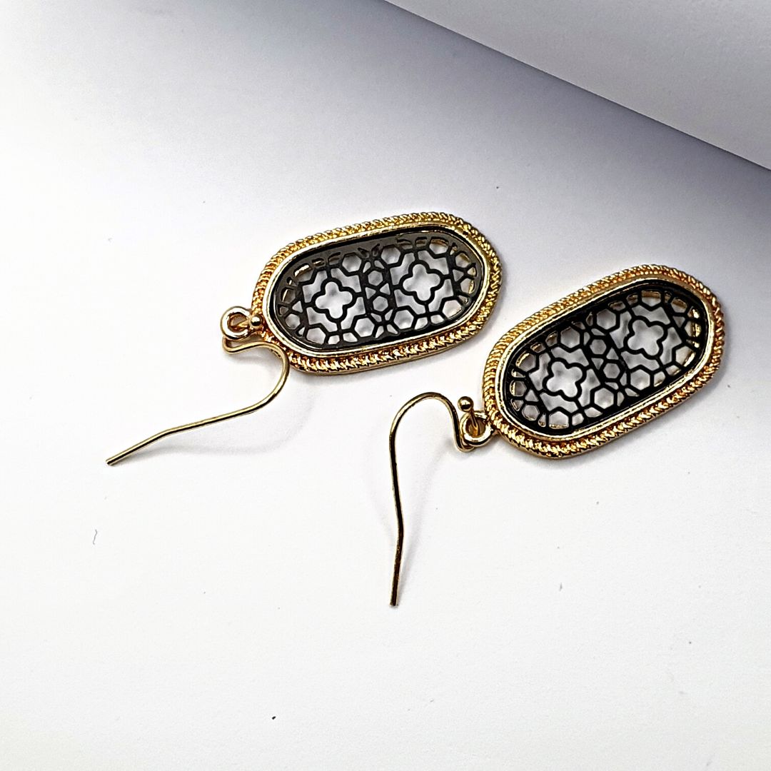 Oval Metallic Black Filigree Earrings