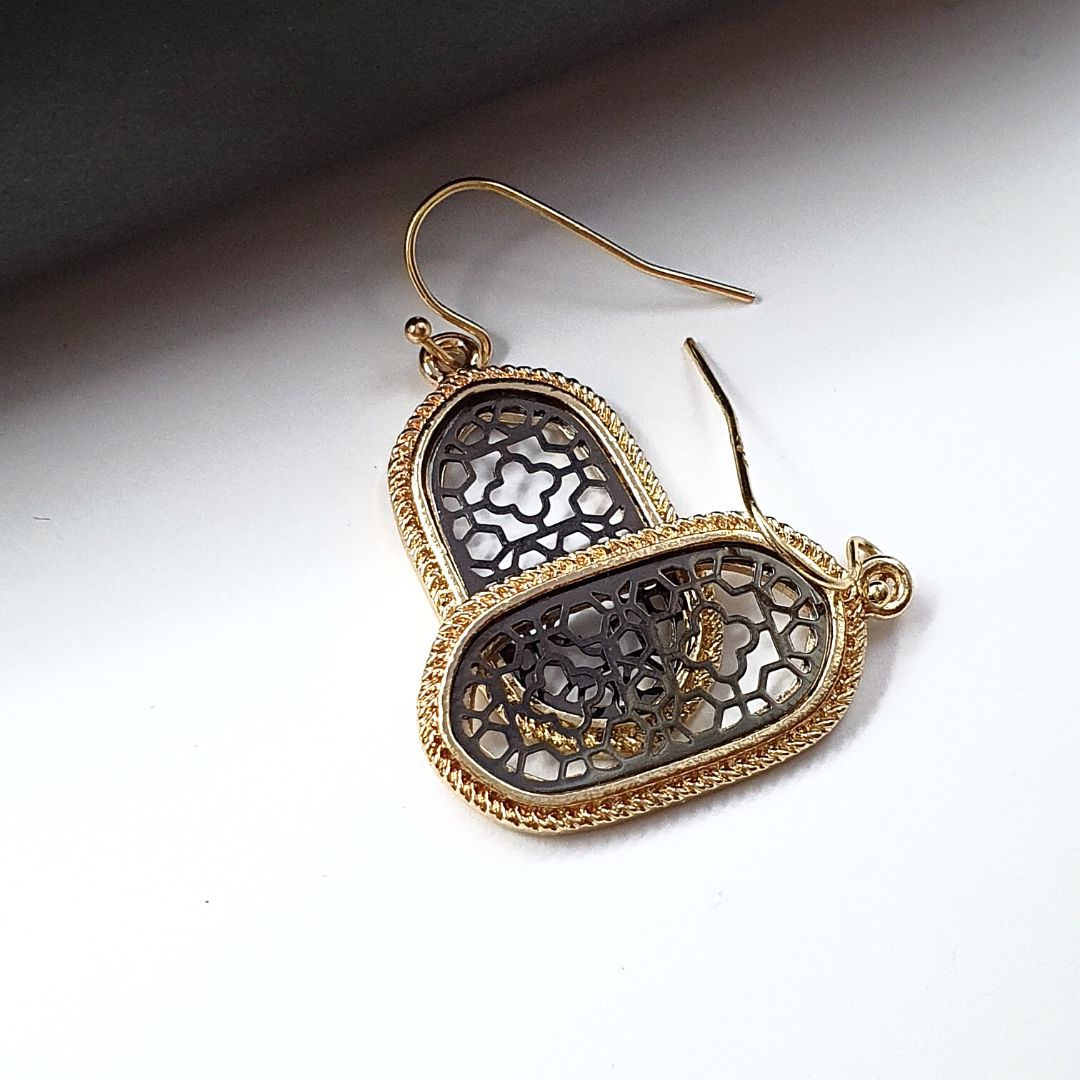 Oval Metallic Black Filigree Earrings