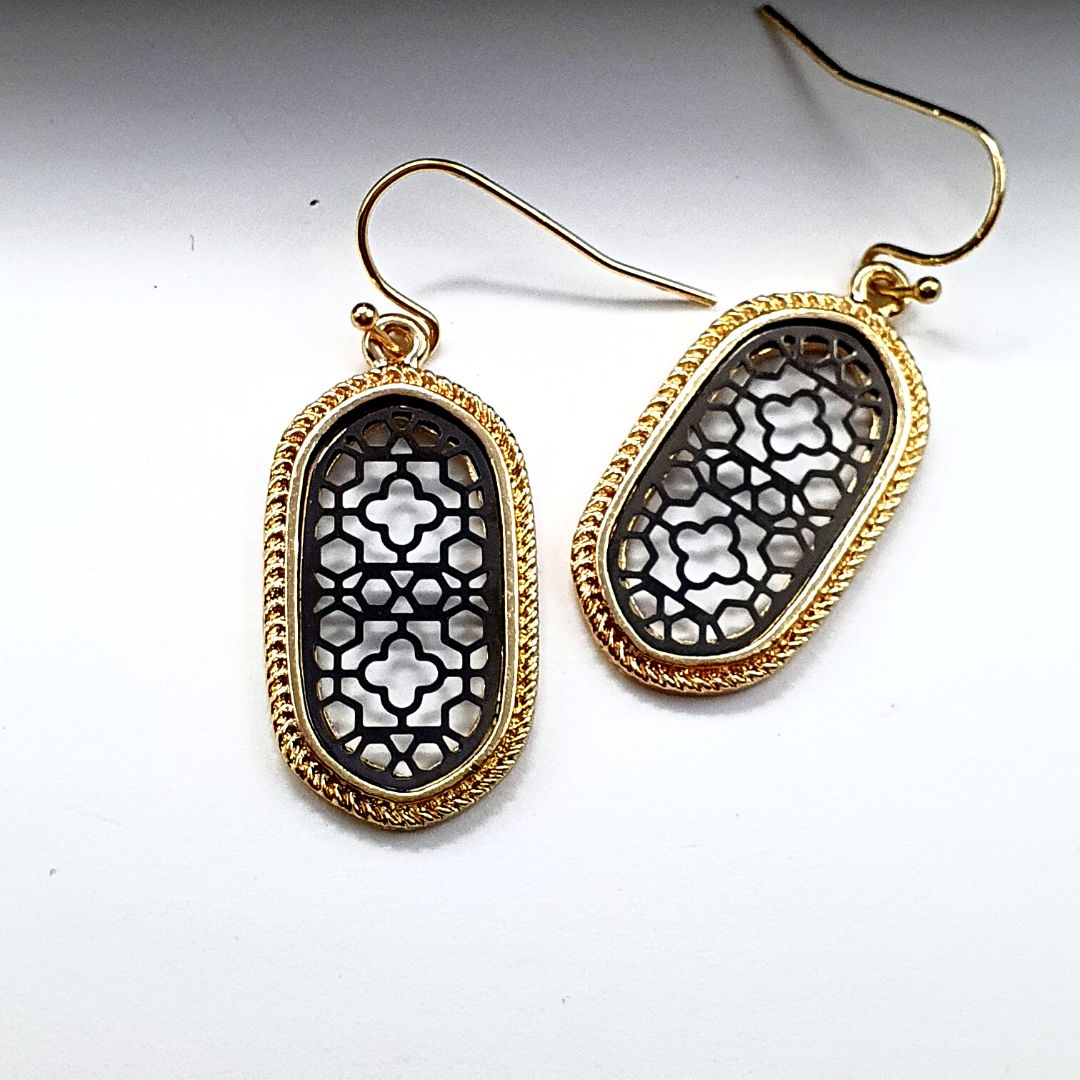 Oval Metallic Black Filigree Earrings