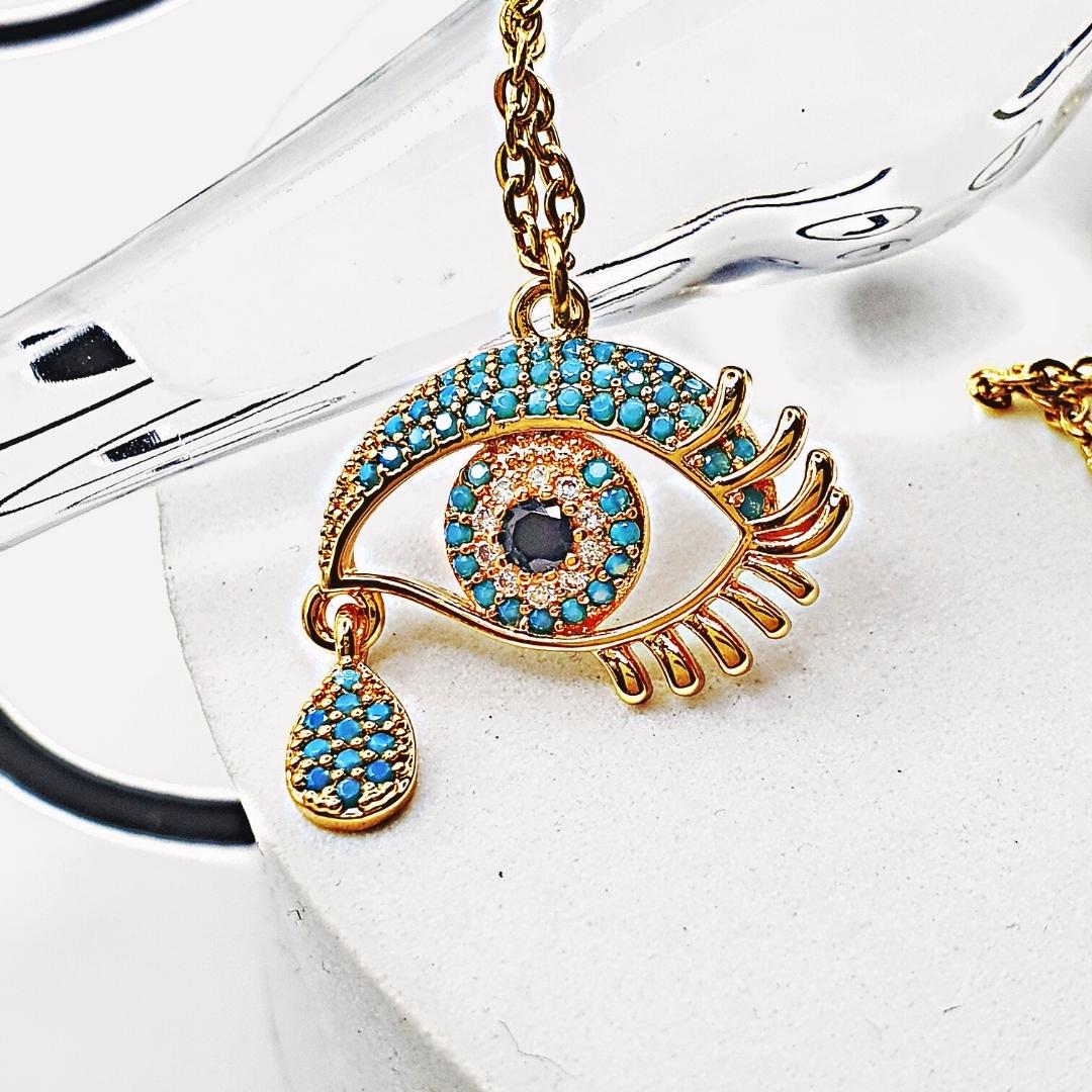 Turkish Eye Drop Necklace-Gold