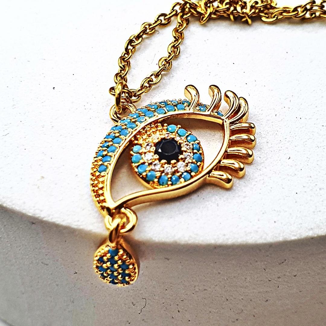 Turkish Eye Drop Necklace-Gold