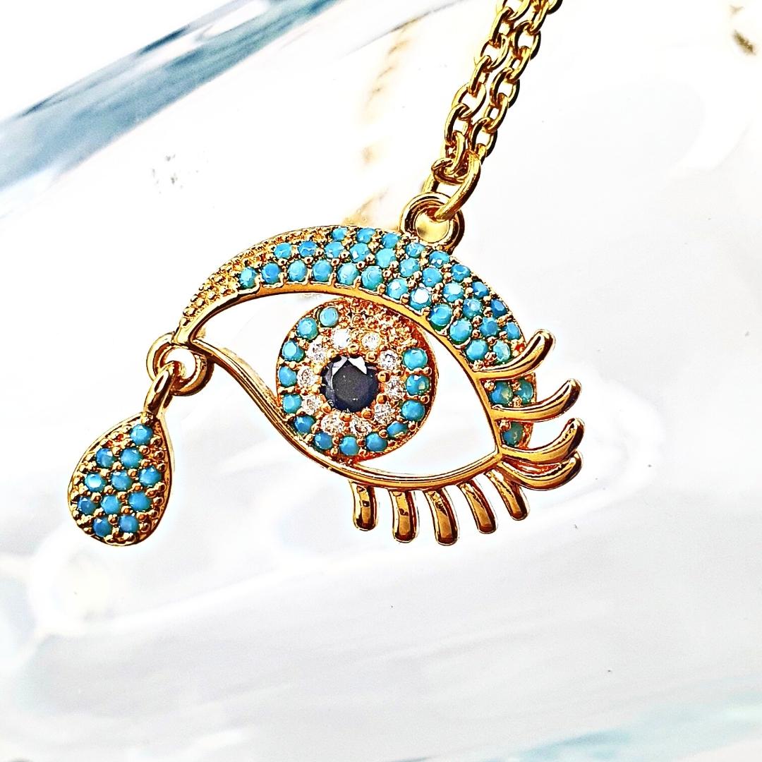 Turkish Eye Drop Necklace-Gold