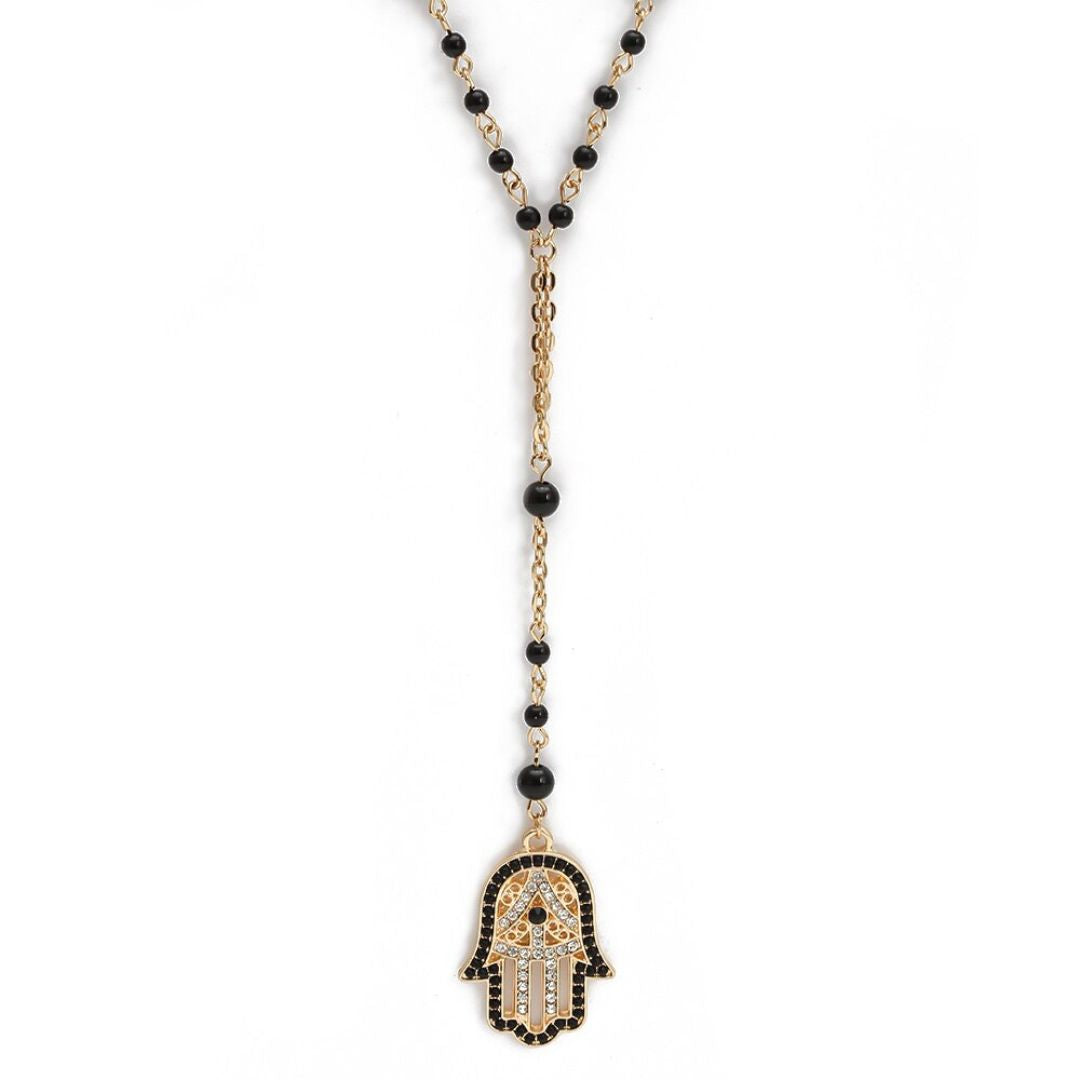 Black Bead Hamsa Necklace