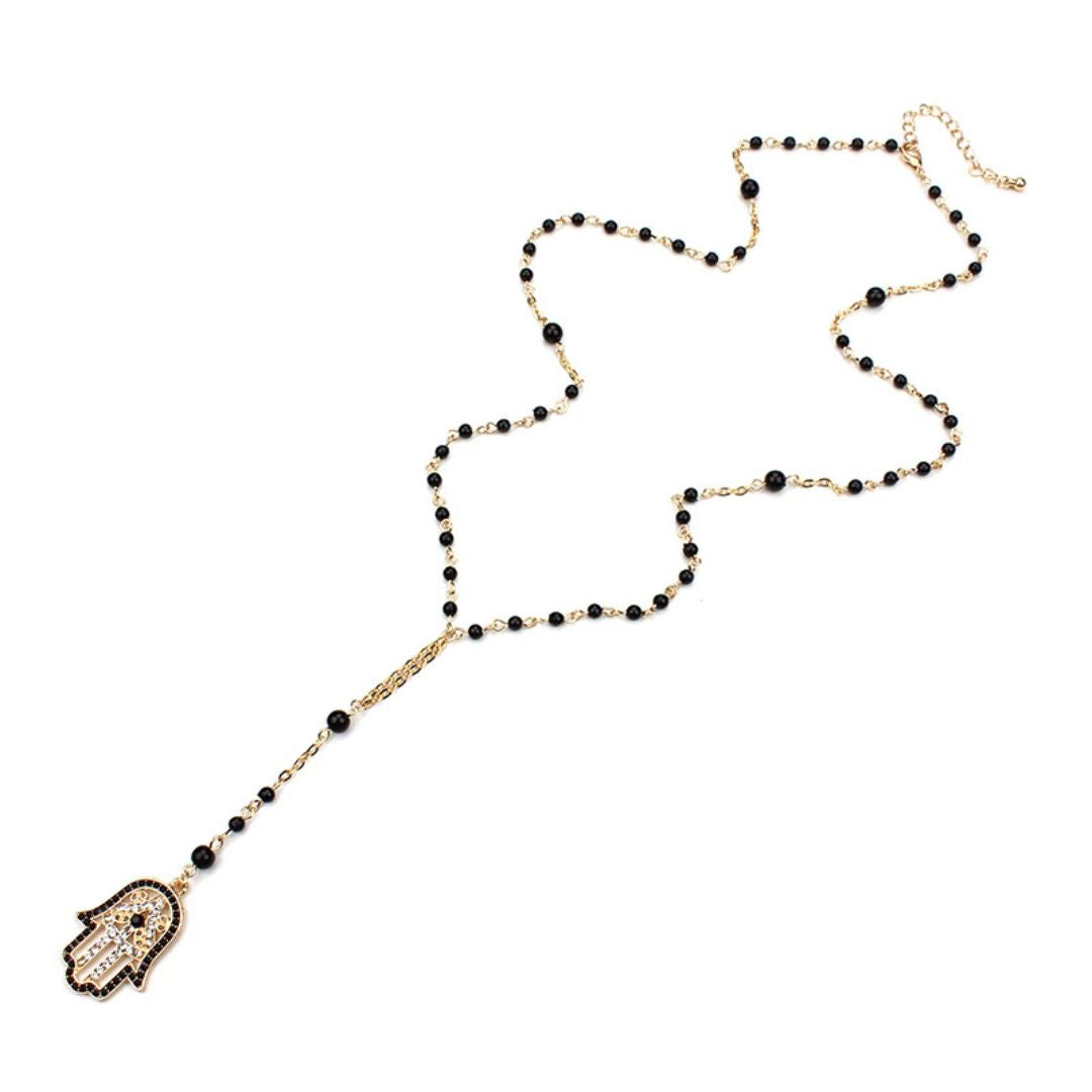 Black Bead Hamsa Necklace