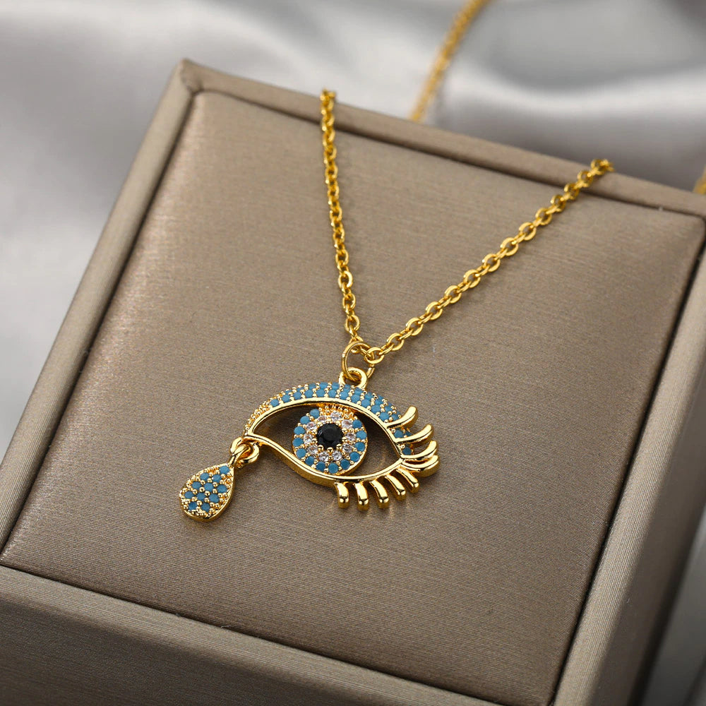 Turkish Eye Drop Necklace-Gold