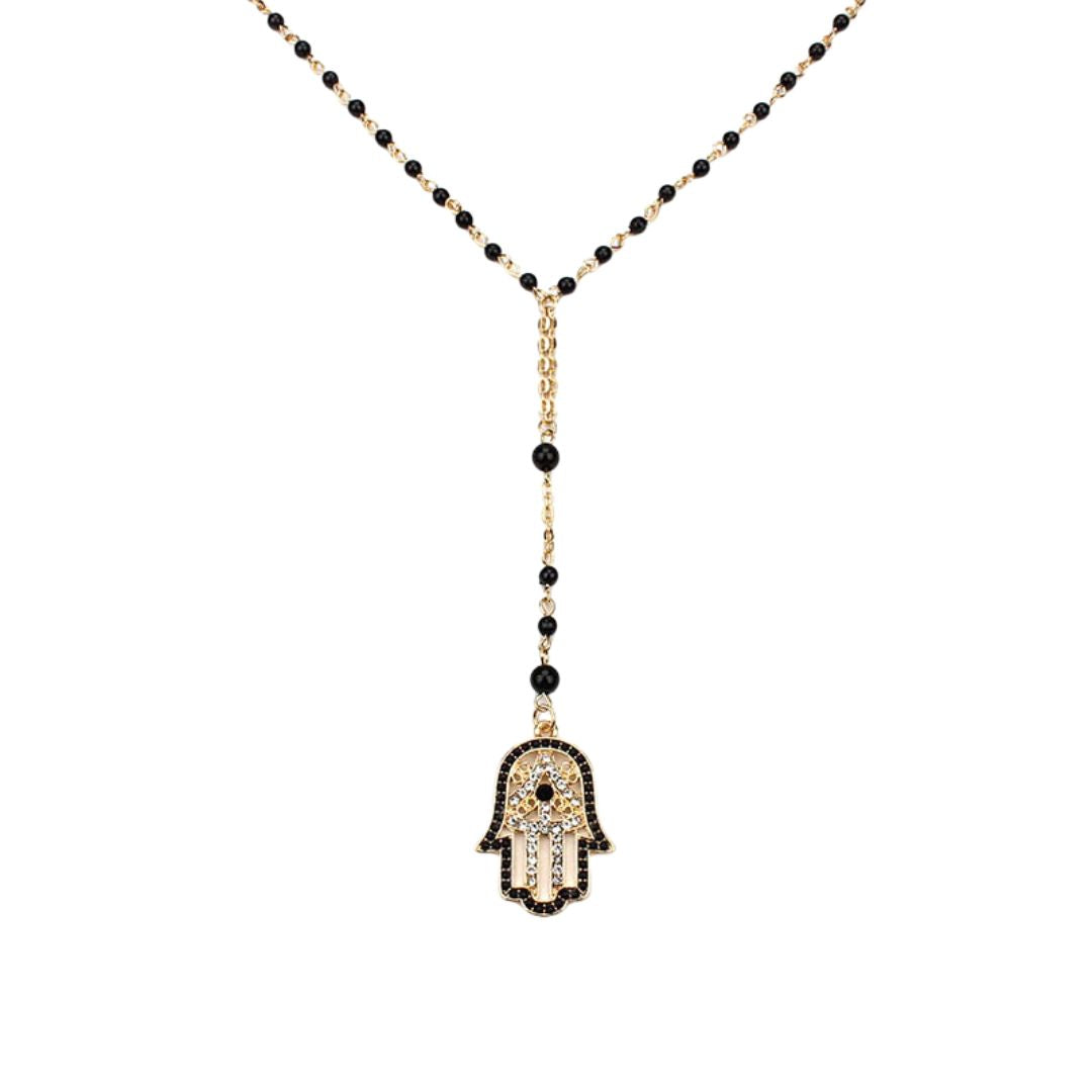 Black Bead Hamsa Necklace