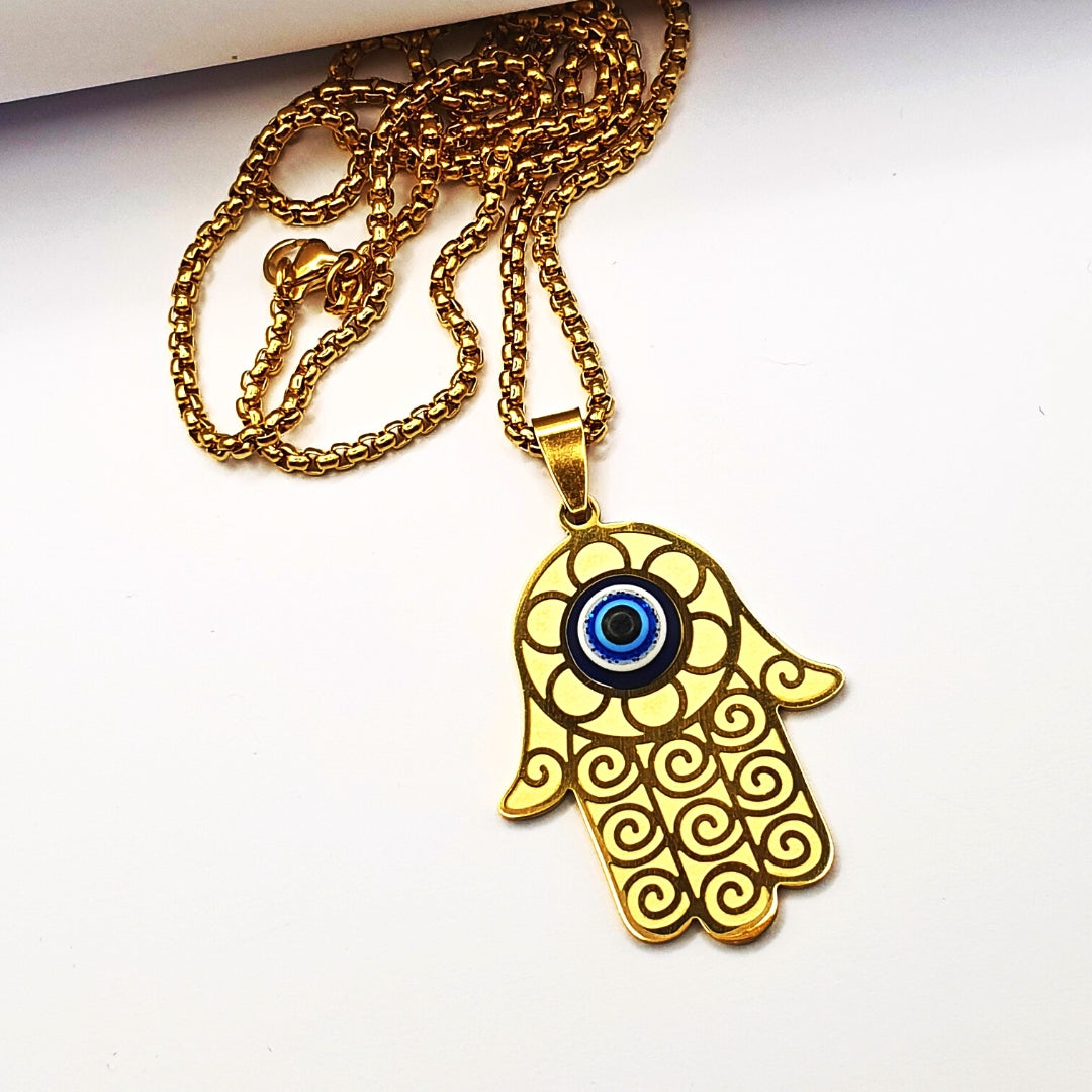 Gold Turkish Eye Hamsa Hand Necklace