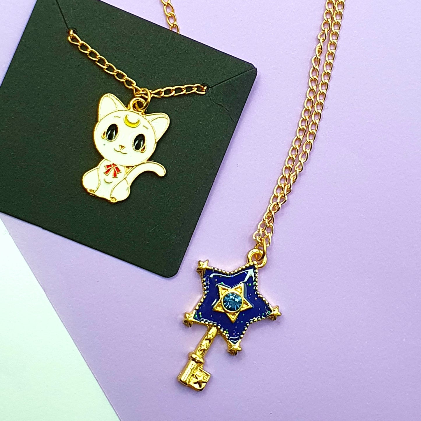 2 Necklaces: Cat & Blue Star Key