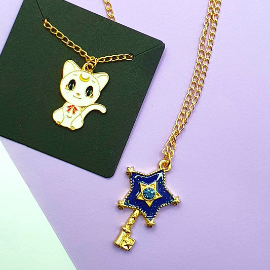 2 Necklaces: Cat & Blue Star Key