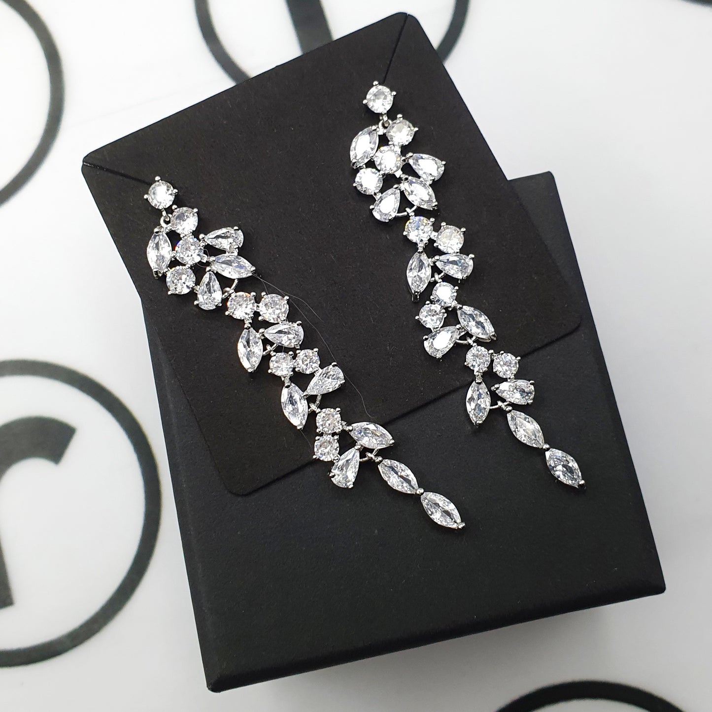 Silver-Zirconia Bridal Long Leaf Earrings