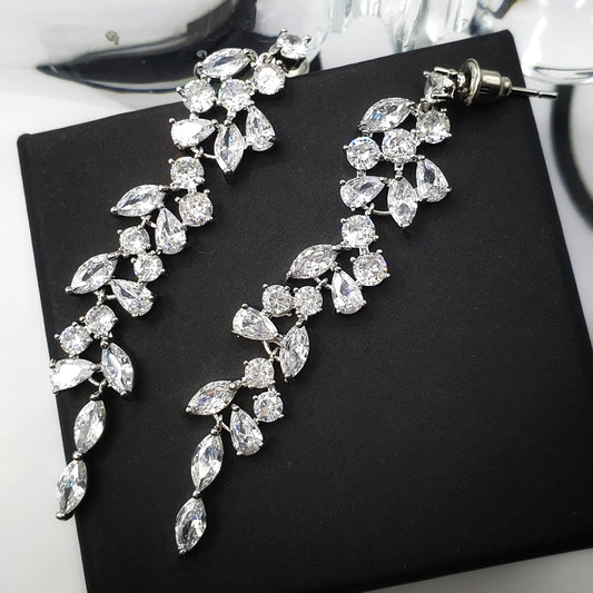 Silver-Zirconia Bridal Long Leaf Earrings