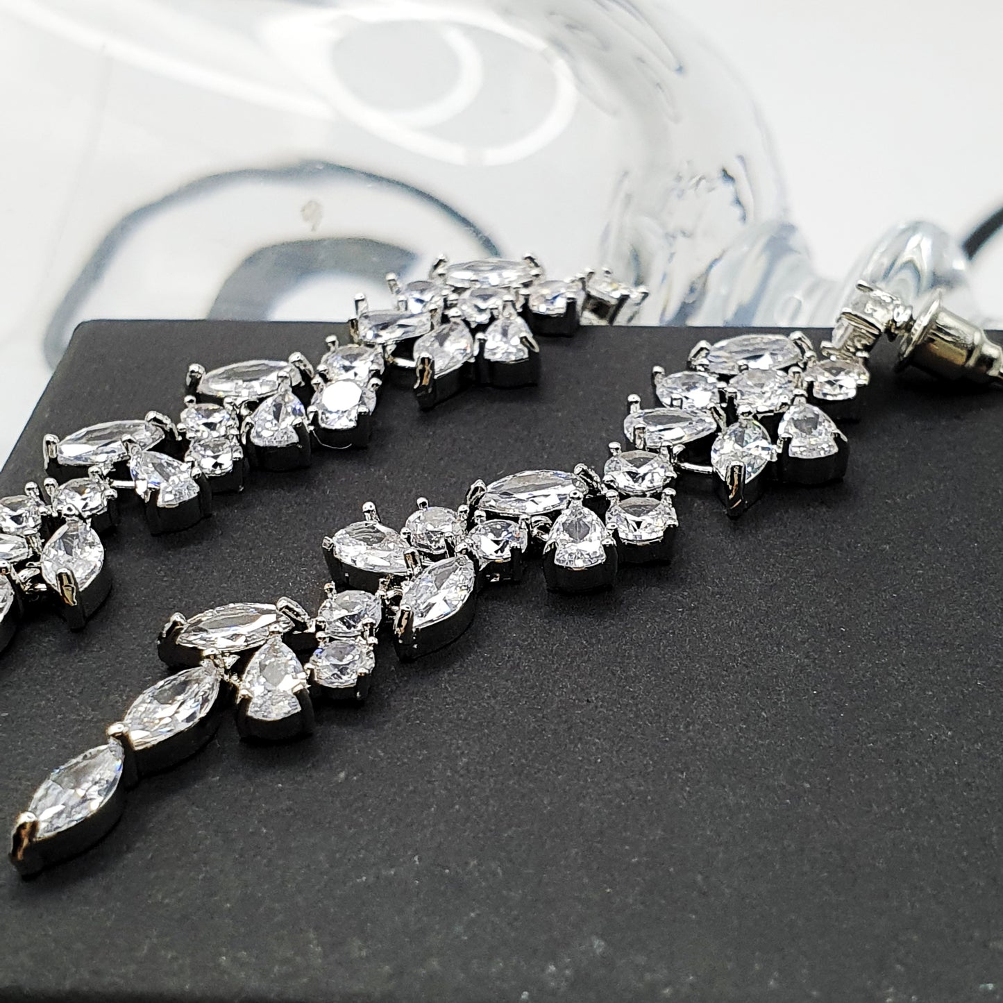 Silver-Zirconia Bridal Long Leaf Earrings