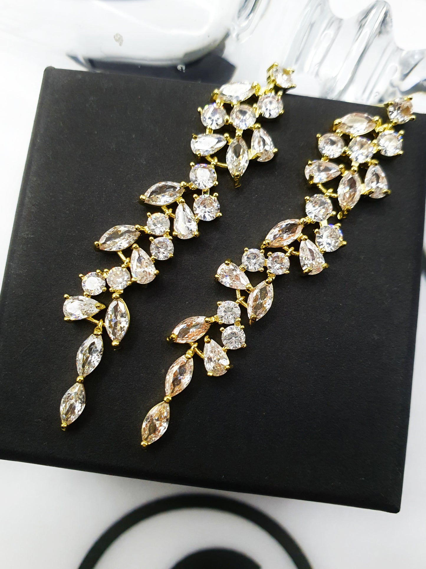 Gold-Zirconia Bridal Long Leaf Earrings