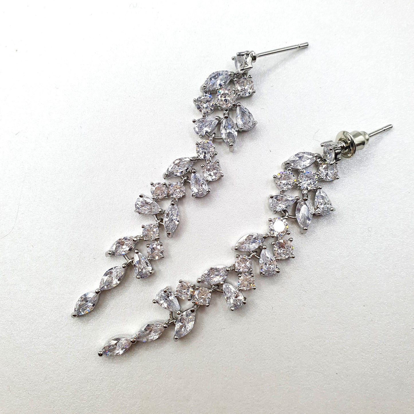 Silver-Zirconia Bridal Long Leaf Earrings