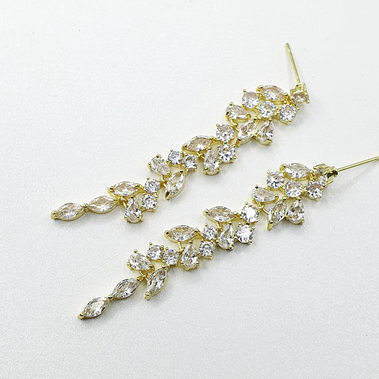 Gold-Zirconia Bridal Long Leaf Earrings