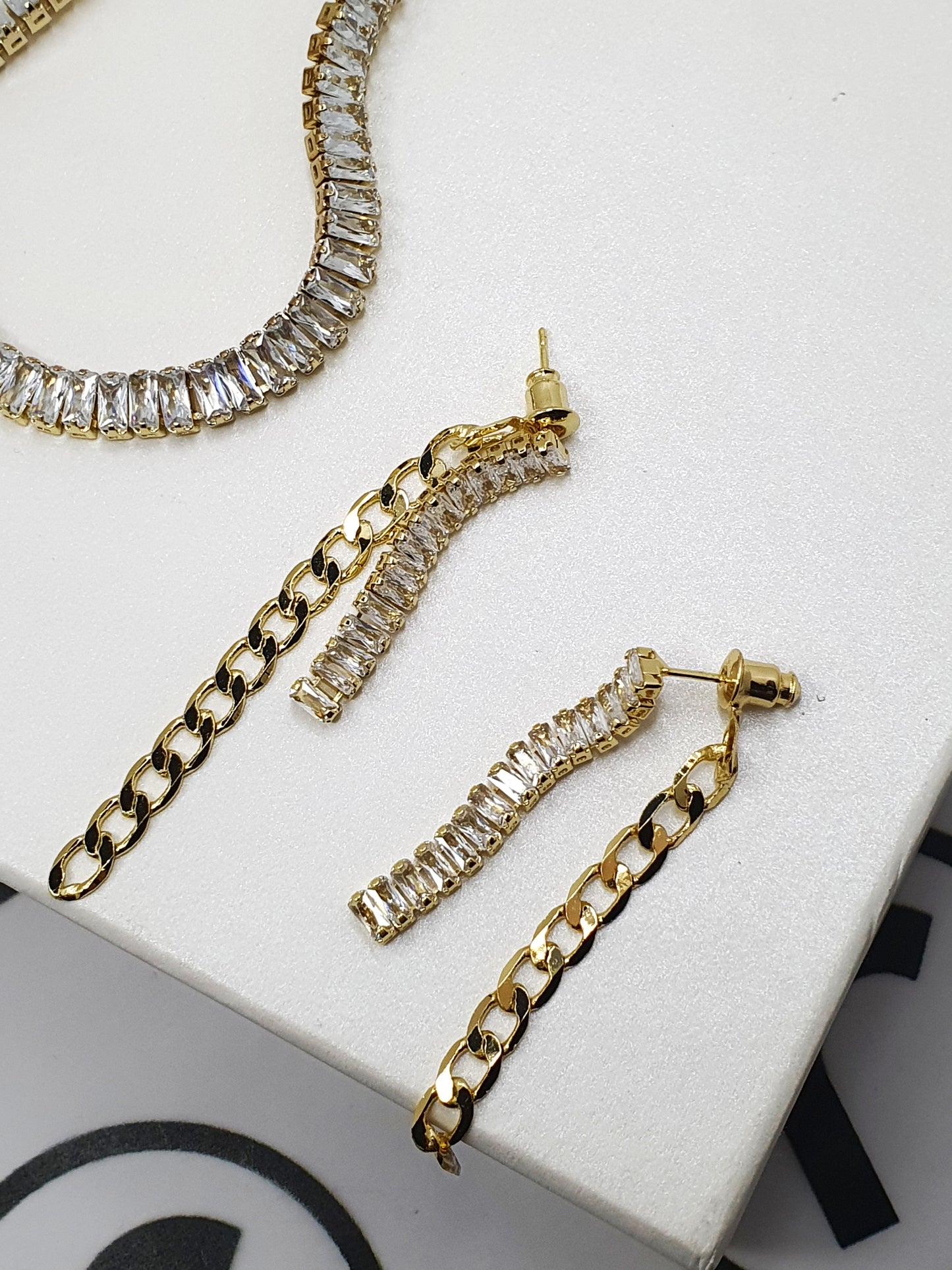 Double Gold Zircon Chain Earrings