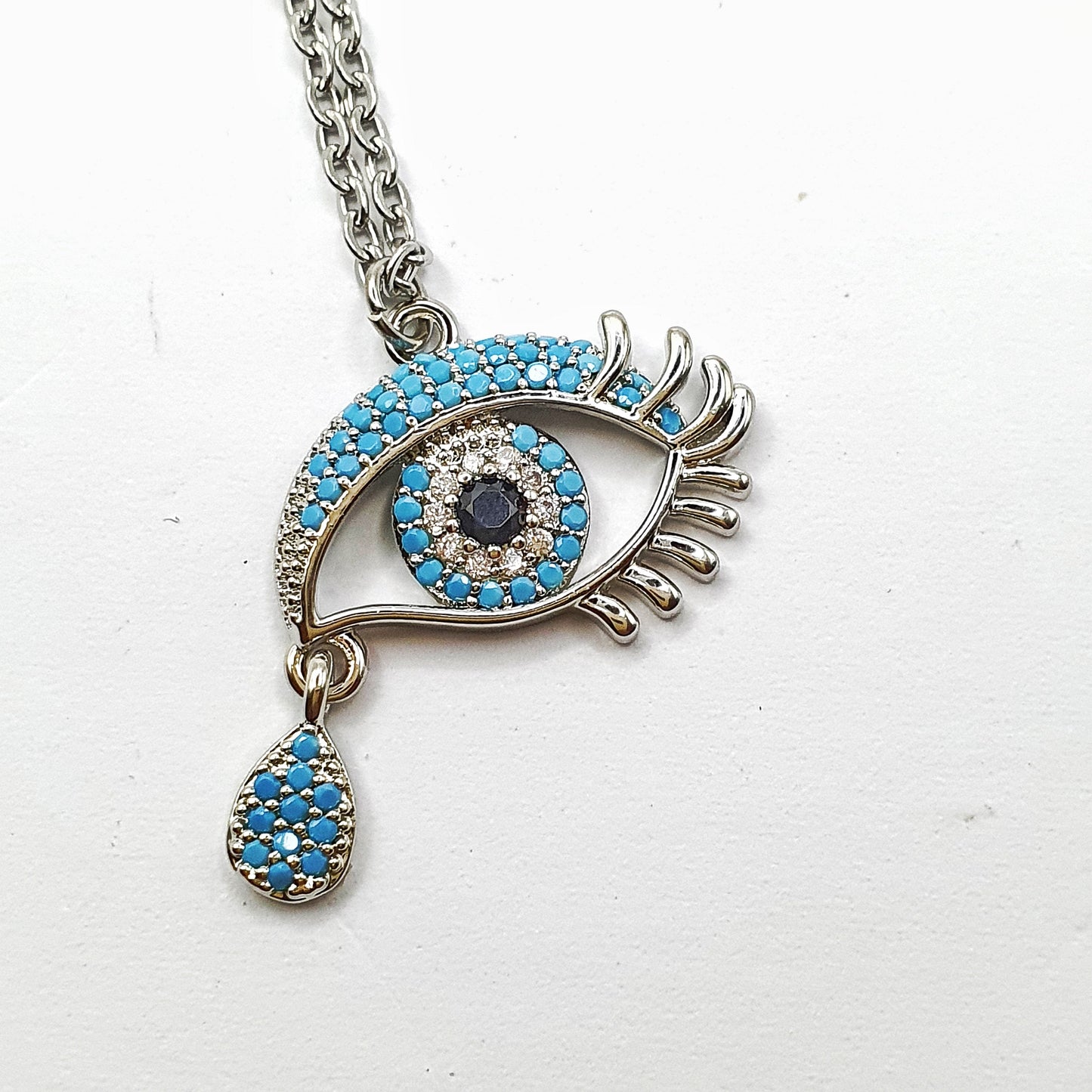 Turkish Eye Drop Necklace-Silver