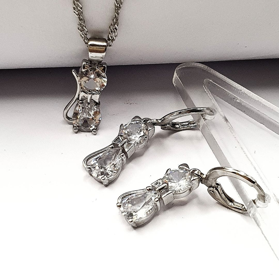 Silver Cat Zircon Set (925 Real Silver Stamped Jewelry)