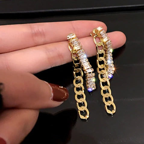 Double Gold Zircon Chain Earrings