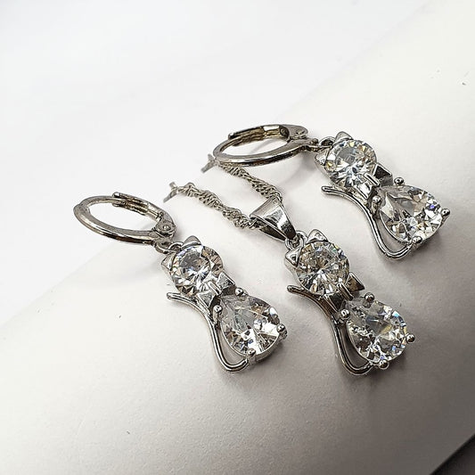 Silver Cat Zircon Set (925 Real Silver Stamped Jewelry)