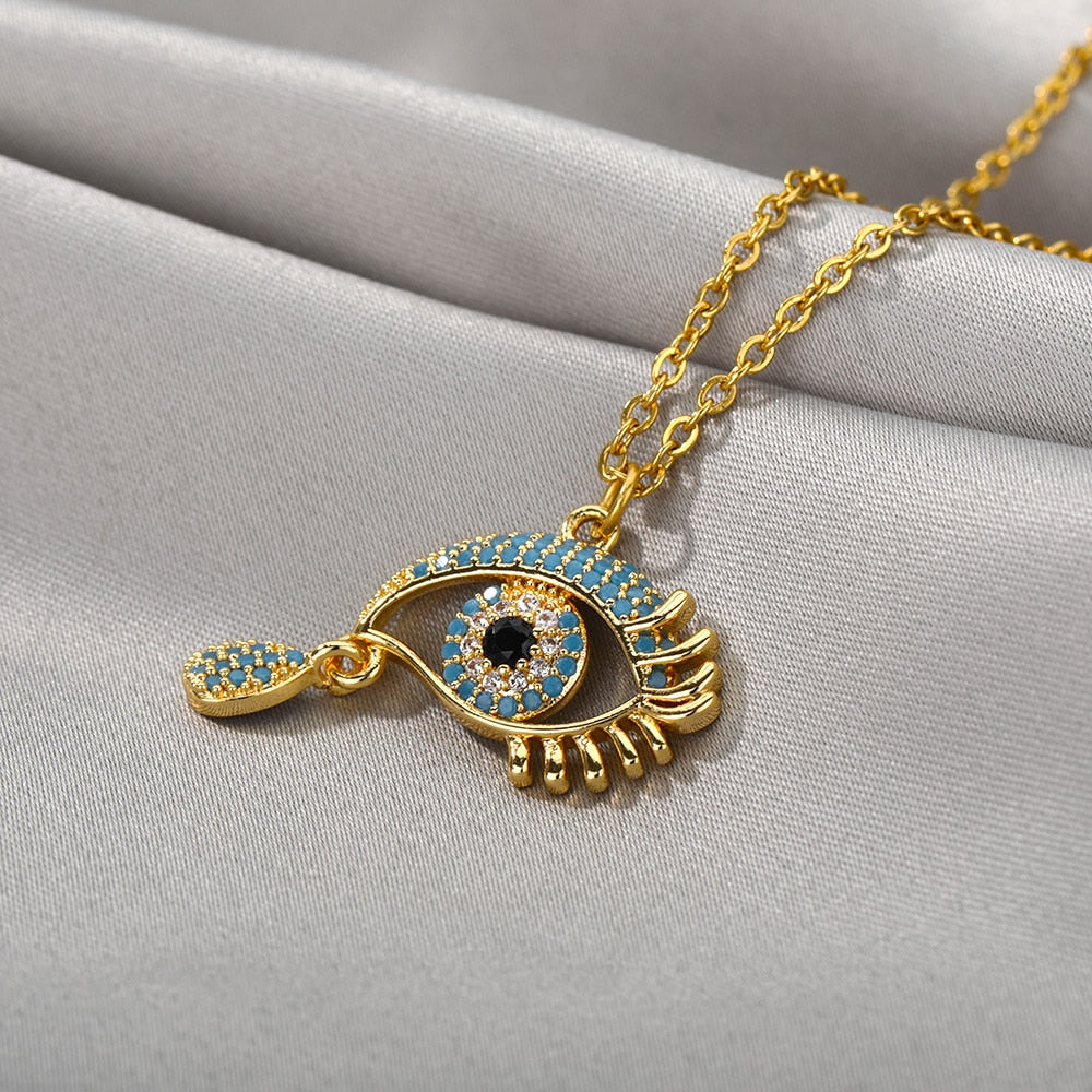 Turkish Eye Drop Necklace-Gold