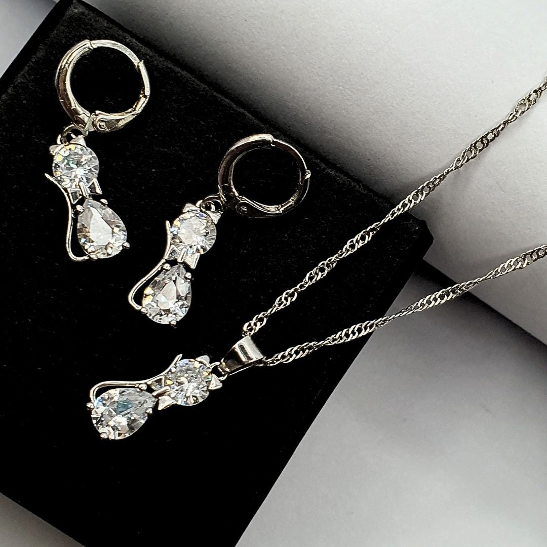 Silver Cat Zircon Set (925 Real Silver Stamped Jewelry)