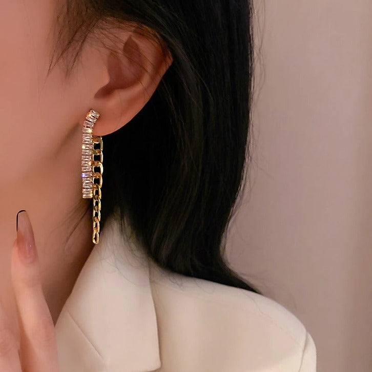 Double Gold Zircon Chain Earrings