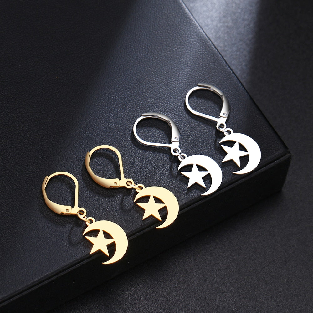 Moon and Crescent Gold Dangling Earring