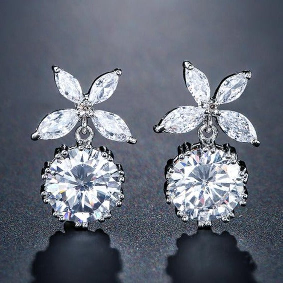 Zirconia Flower Round Dangle Earrings