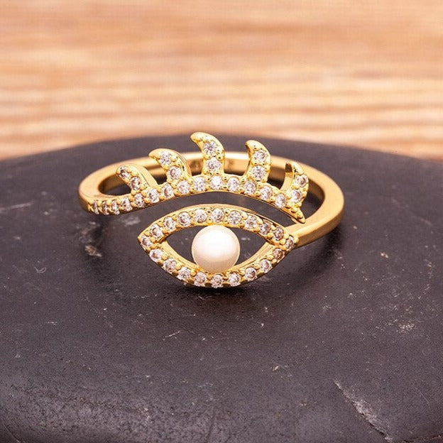 Turkish Eye Pearl Ring (Adjustable)