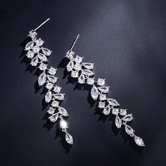 Silver-Zirconia Bridal Long Leaf Earrings