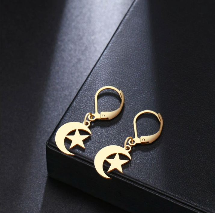 Moon and Crescent Gold Dangling Earring