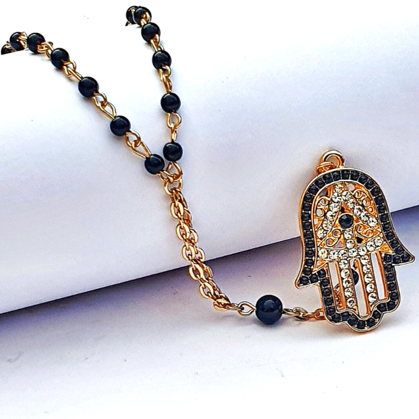 Black Bead Hamsa Necklace