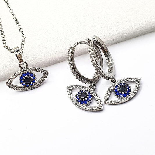 Silver Hollow Turkish Eye Jewelry Set