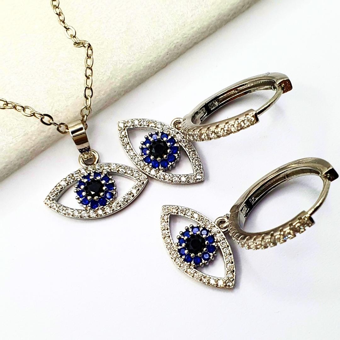 Silver Hollow Turkish Eye Jewelry Set