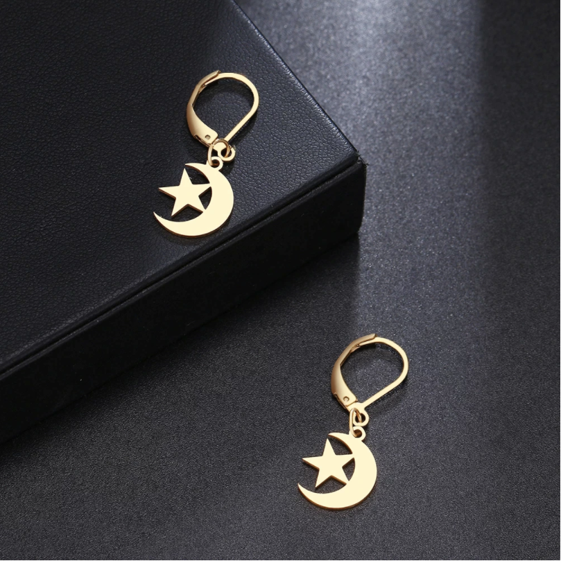 Moon and Crescent Gold Dangling Earring